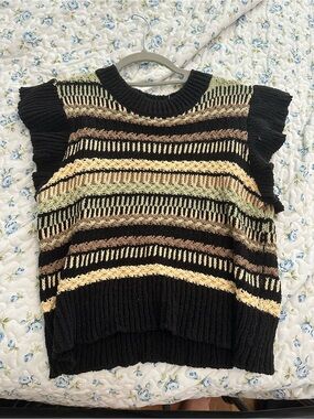 Elan Black Knit Sleeveless Sweater Top with Cream, Tan and Soft Green Stripes